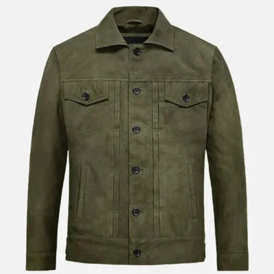 Men’s Green Suede Trucker Leather Jacket