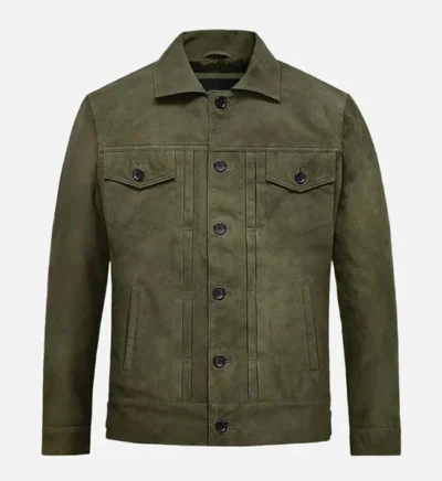 Men’s Green Suede Trucker Leather Jacket