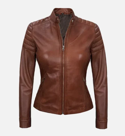 Women’s Brown Padded Café Racer Leather Jacket