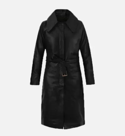 Women’s Black belted Genuine Leather Long Coat
