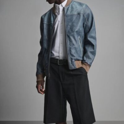Barrett Leather Bomber Jacket with Denim Accents close