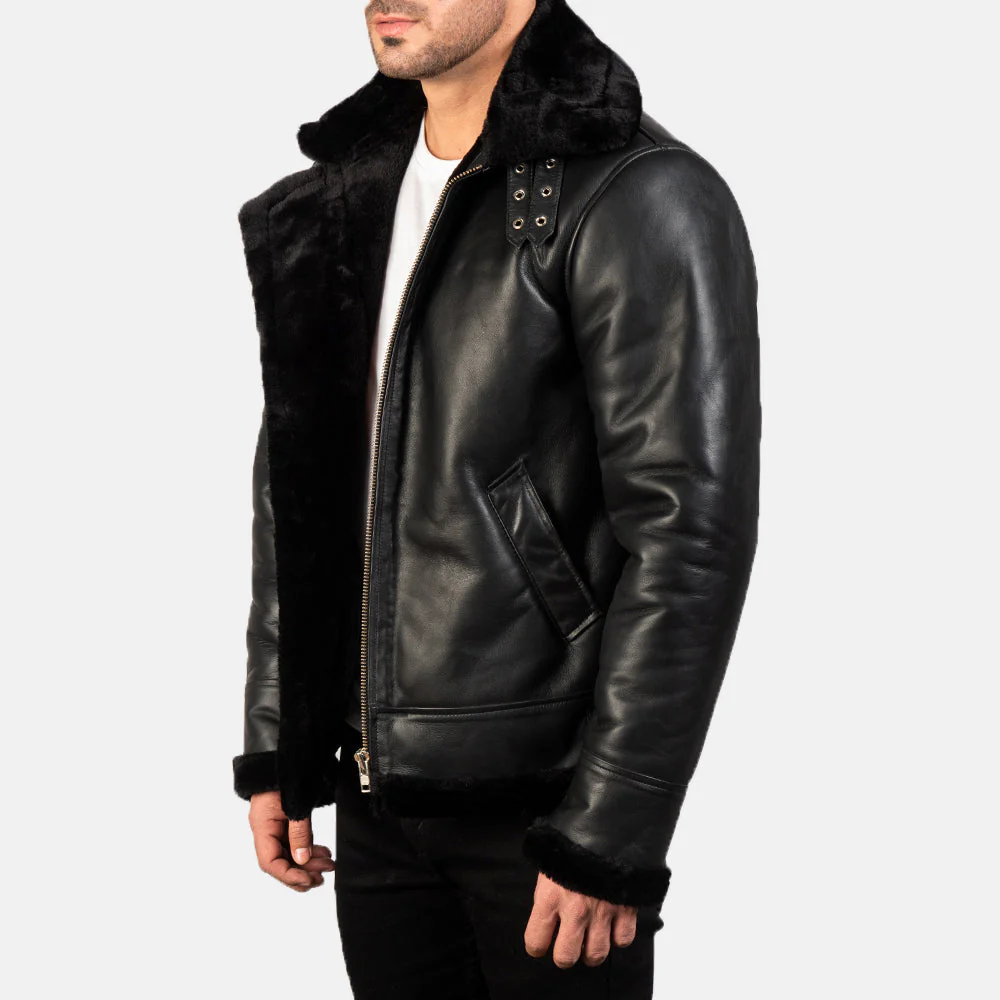 Francis Men’s B-3 Black Leather Bomber Jacket