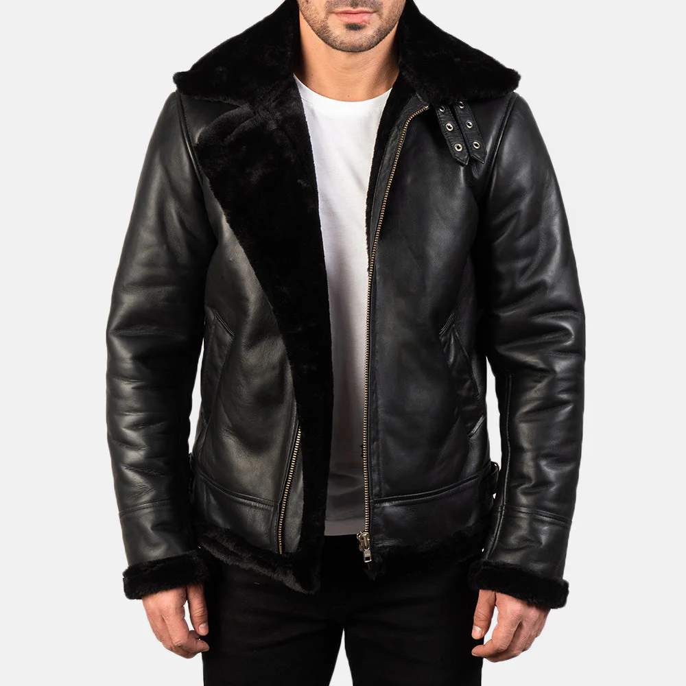 Francis Men’s B-3 Black Leather Bomber Jacket