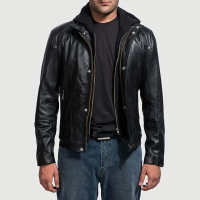 Highschool Men’s Black Hooded Leather Jacket