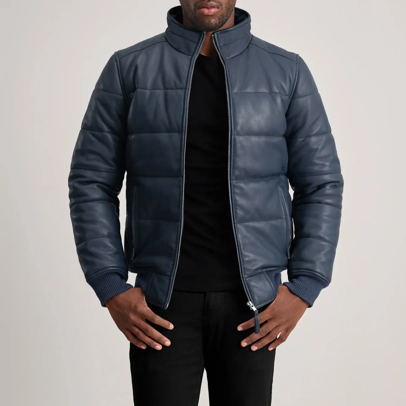 Lucas Men’s Blue Leather Puffer Bomber Jacket