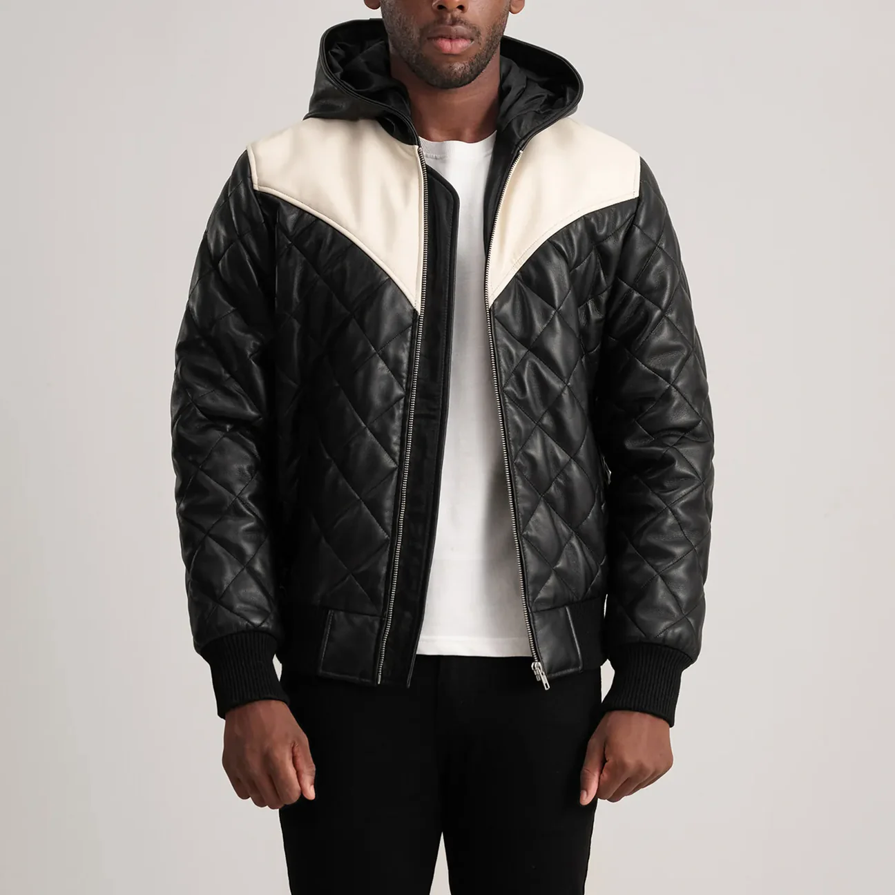 Norman Black Leather Puffer Bomber Jacket with Hood