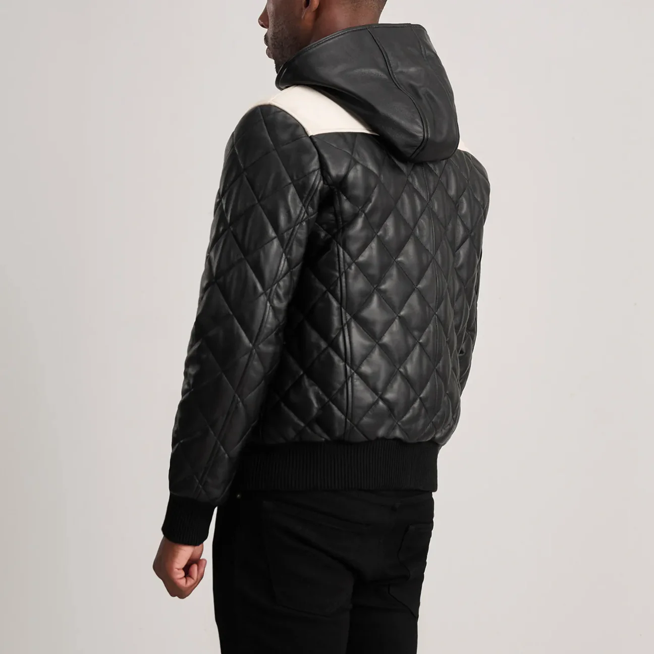 Norman Black Leather Puffer Bomber Jacket with Hood