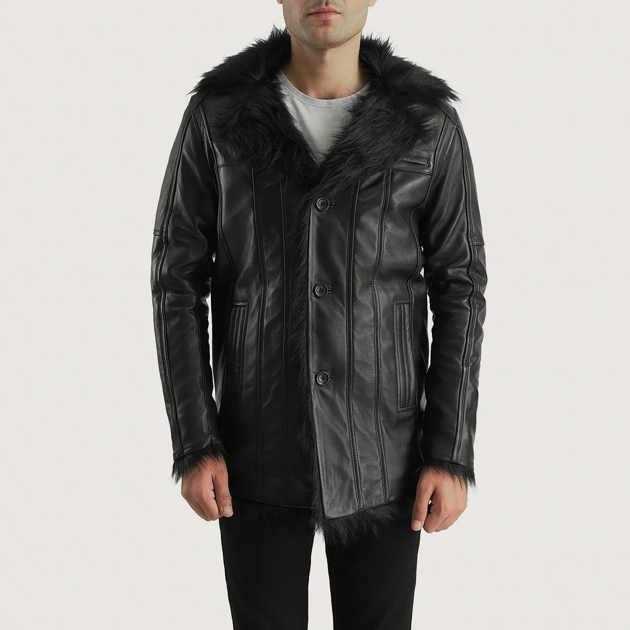 Furcliff Men’s Black Leather Coat