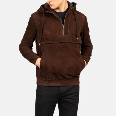 Kenton Men’s Hooded Mocha Suede Pullover Jacket