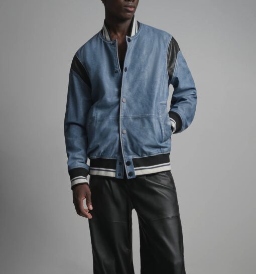 Simon Leather and Denim Letterman Jacket for Men close