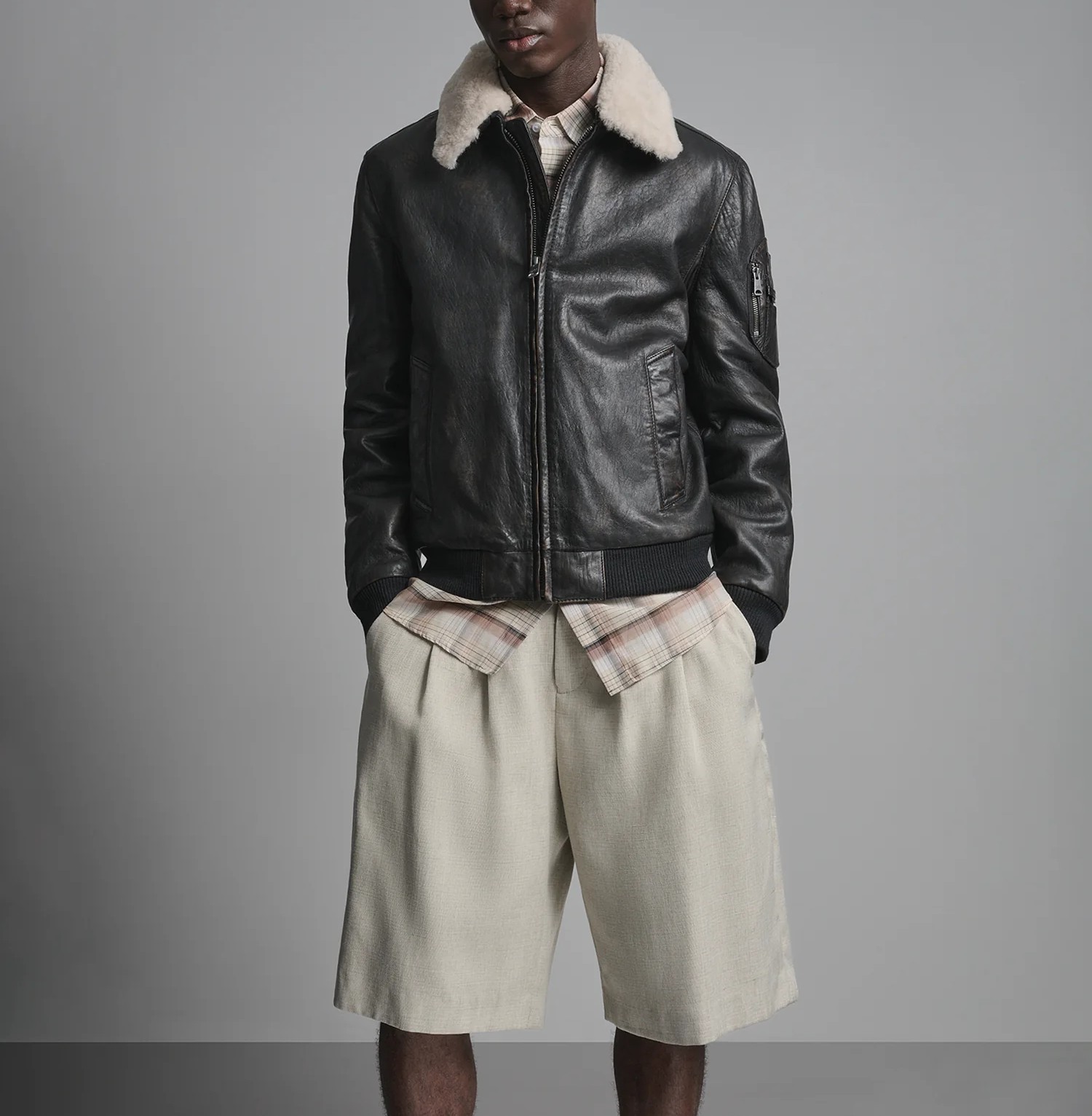 Leather Aviator Bomber Jacket with Shearling Collar