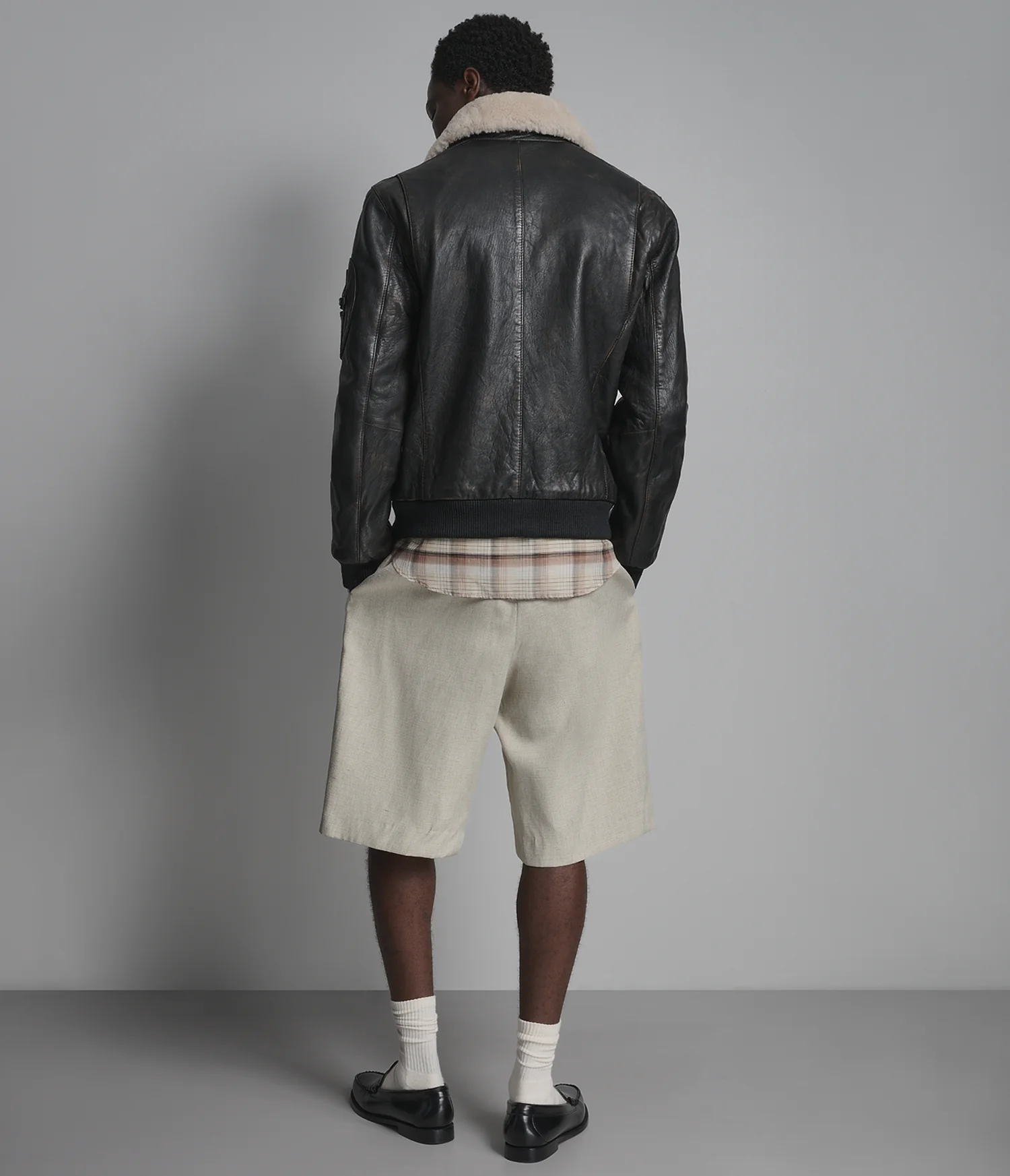 Leather Aviator Bomber Jacket with Shearling Collar for Men