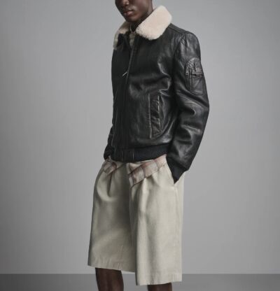 Leather Aviator Bomber Jacket with Shearling Collar