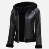 Women’s Classic Black Hooded Shearling Leather Jacket