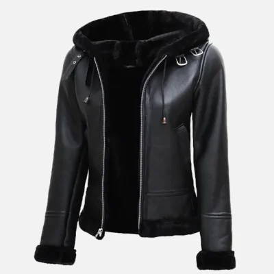 Women’s Classic Black Hooded Shearling Leather Jacket