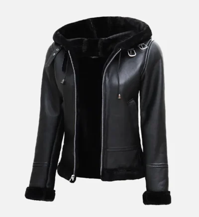 Women’s Classic Black Hooded Shearling Leather Jacket