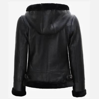 Women’s Classic Black Hooded Shearling Leather Jacket