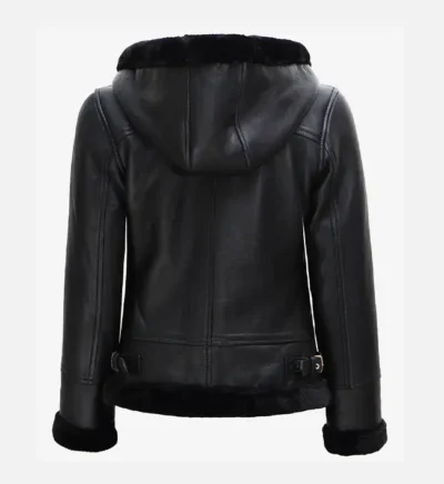 Women’s Classic Black Hooded Shearling Leather Jacket