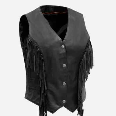 Women’s Fringed Black Leather Vest