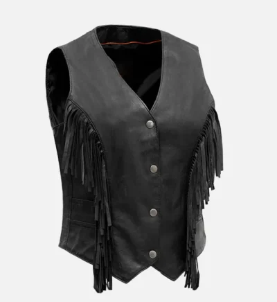 Women’s Fringed Black Leather Vest