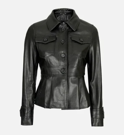 Women’s Luxe Black Motorcycle Leather Trucker Jacket