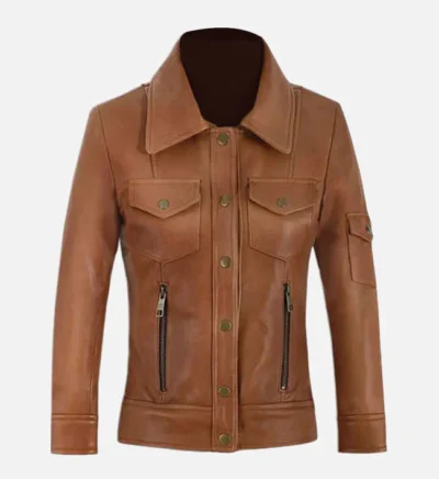 Women’s Premium Tan Leather Trucker Jacket