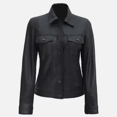 Women’s Sleek Black Leather Trucker Jacket