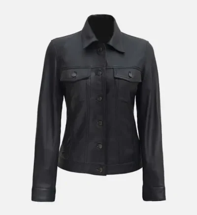 Women’s Sleek Black Leather Trucker Jacket