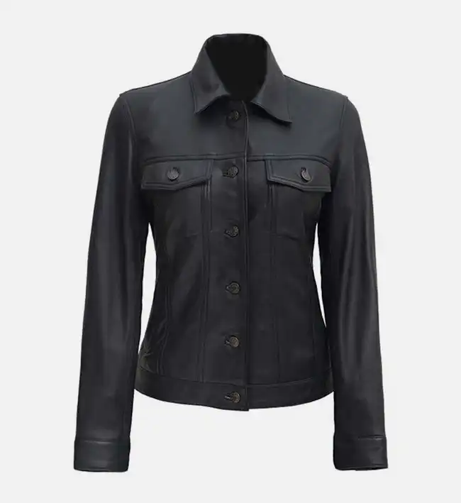 Women’s Sleek Black Leather Trucker Jacket