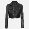 Women’s Stylish Black Cropped Leather Trucker Jacket