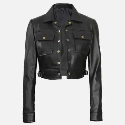 Women’s Stylish Black Cropped Leather Trucker Jacket