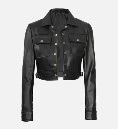 Women’s Stylish Black Cropped Leather Trucker Jacket