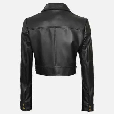 Women’s Stylish Black Cropped Leather Trucker Jacket