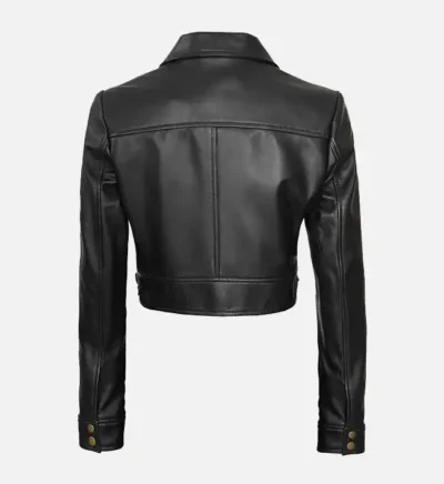 Women’s Stylish Black Cropped Leather Trucker Jacket