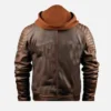 Men’s Brown Leather Jacket with Detachable Hood