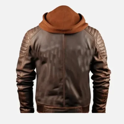 Men’s Brown Leather Jacket with Detachable Hood