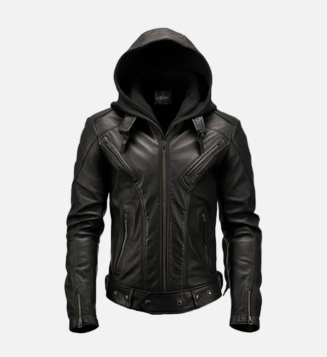 Men’s Premium Black Leather Hoodie Jacket