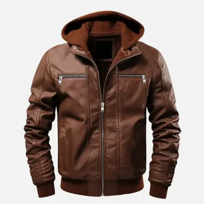 Men’s Ethan Brown Leather Jacket with Hood