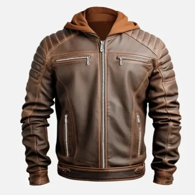Men’s Brown Leather Jacket with Detachable Hood