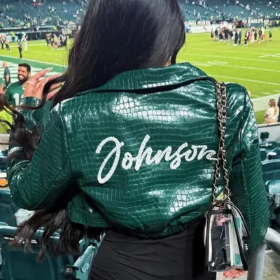 Alyssa-Okada-Philadelphia-Eagles-Johnson-74-Green-Cropped-Leather-Jacket