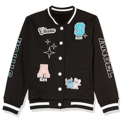 Disney Black Varsity Jacket Featuring Stitch and Angel