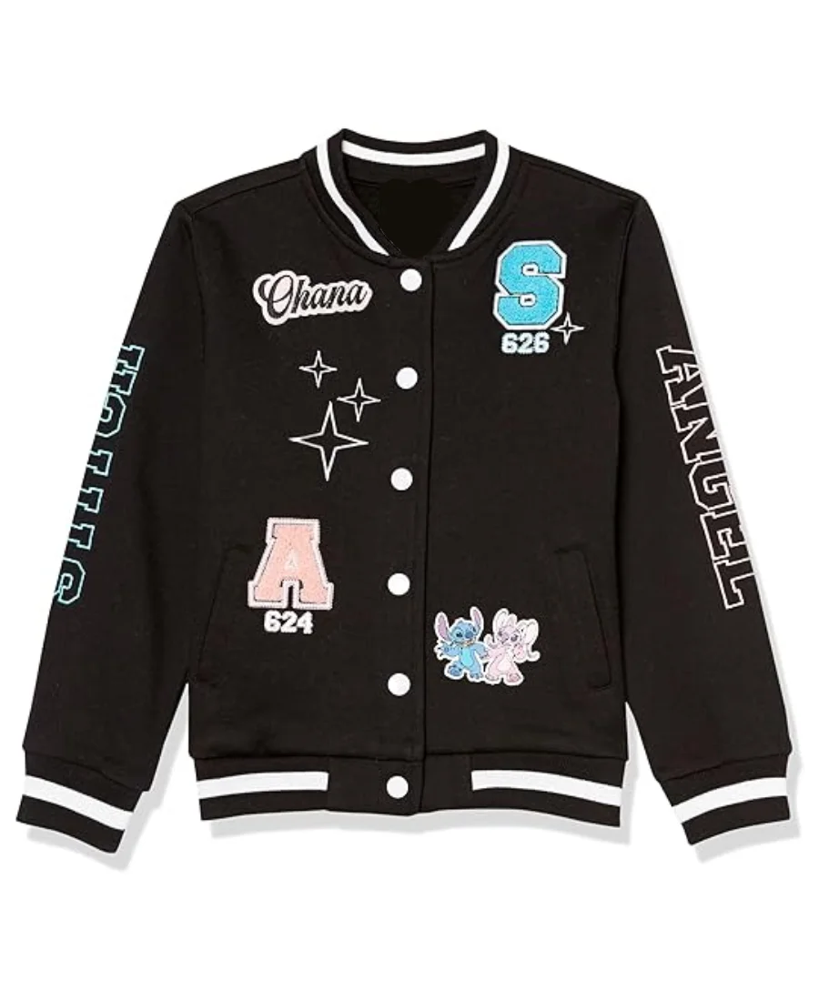 Disney Black Varsity Jacket Featuring Stitch and Angel
