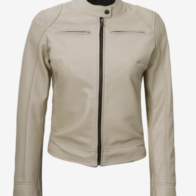 Dodge Beige Genuine Leather Biker Jacket for Women
