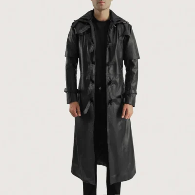 Elite Black Hooded Leather Trench Coat