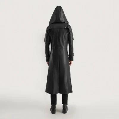 Elite Black Hooded Leather Trench Coat