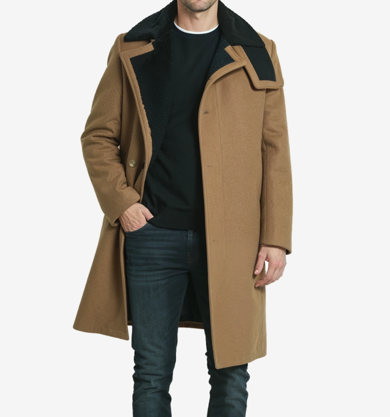 Gary Men’s Long Camel Shearling Wool Overcoat