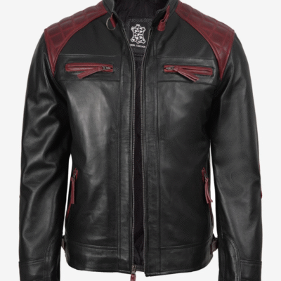 Men’s Black & Maroon Leather Biker Jacket with Quilted Shoulders