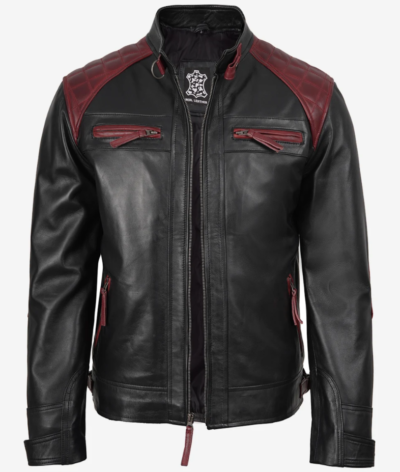 Men’s Black & Maroon Leather Biker Jacket with Quilted Shoulders