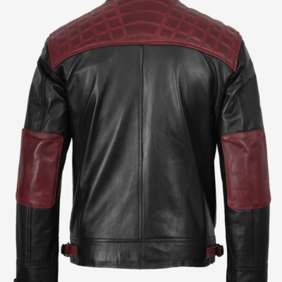 Men’s Black & Maroon Leather Biker Jacket with Quilted Shoulders
