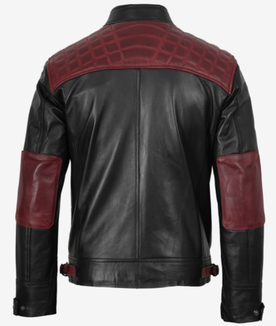 Men’s Black & Maroon Leather Biker Jacket with Quilted Shoulders